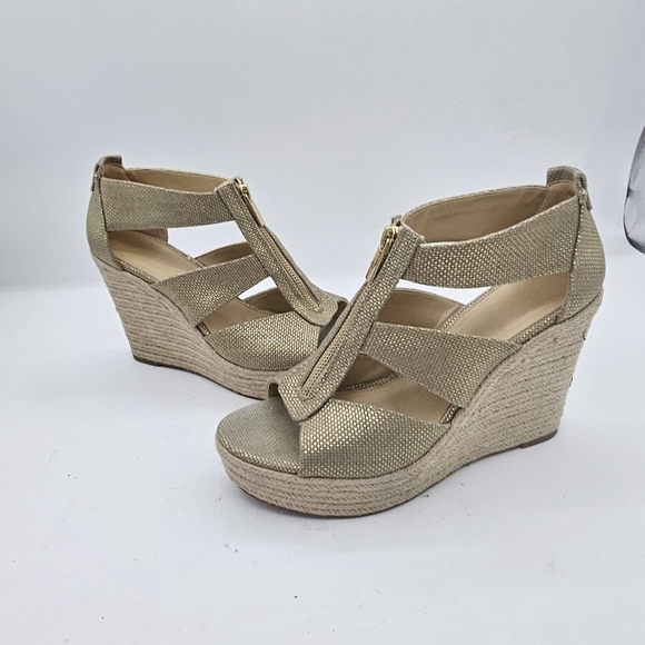 Michael Kors Damita Tan Sand Canvas Zip Wedge Espadrille Platform Sandal Sz 9.5 - Picture 7 of 12